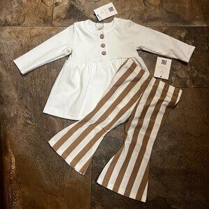 Cream Tunic & Pinstripe Bell Bottom Boutique Outfit - 12M